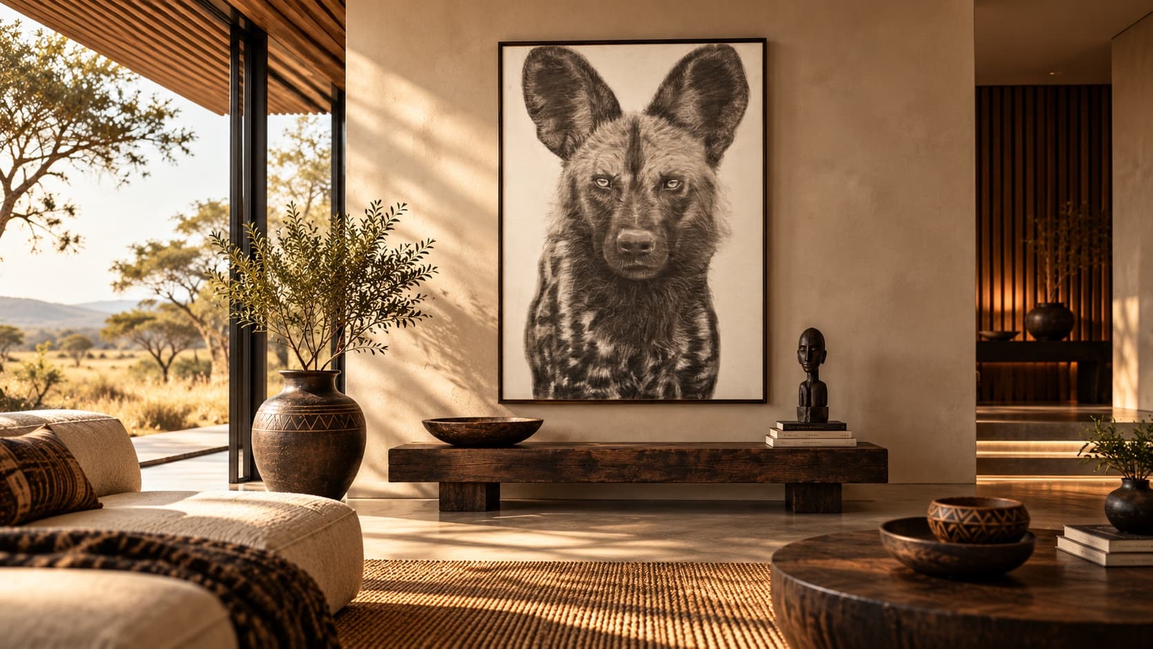 Brendan McCarthy's Painted Wolf hung above a timber bench in a sunlit safari lodge