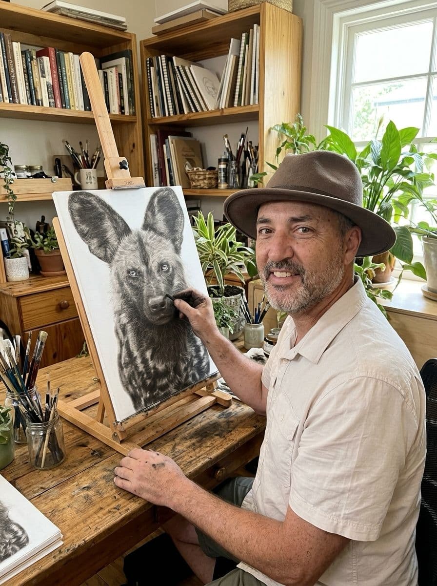 Brendan McCarthy at his easel, working on the Painted Wolf portrait